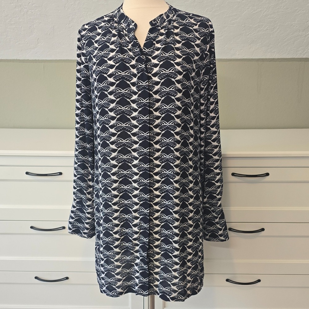 Chicos Bird B&W Chiffon Blouse Long Length Relaxed Drapey Elegant Fit Size 12/14